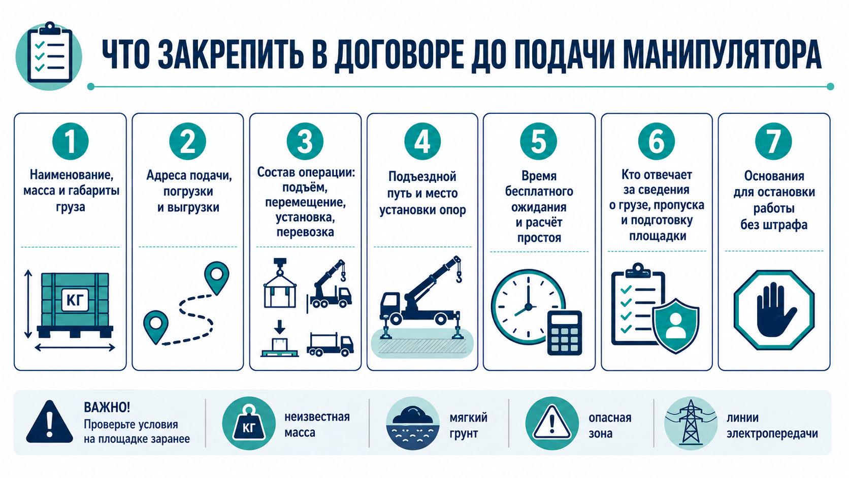 Что закрепить в договоре до подачи манипулятора: масса и габариты груза, адреса, состав работ, площадка, простой, ответственность сторон и основания для остановки.