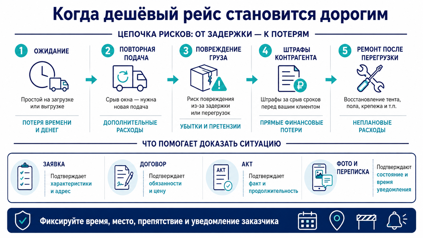 Когда дешёвый рейс становится дорогим: ожидание, повторная подача, повреждение груза, штрафы, ремонт и документы, подтверждающие обстоятельства.